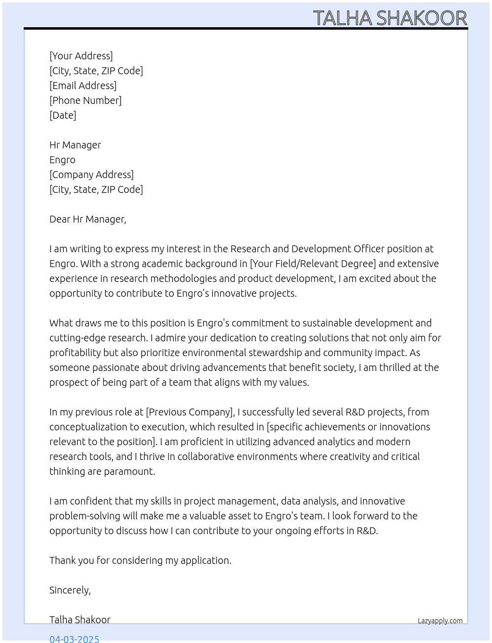 Research and Development officer At Engro Cover Letter