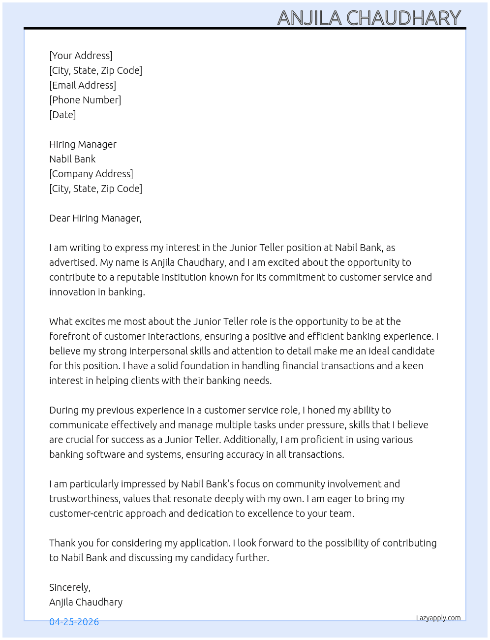 Junior teller  At Nabil Bank Cover Letter