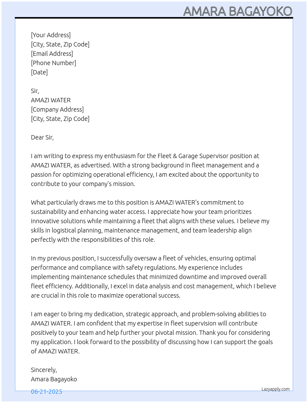 Fleet & Garage Supervisor At AMAZI WATER Cover Letter