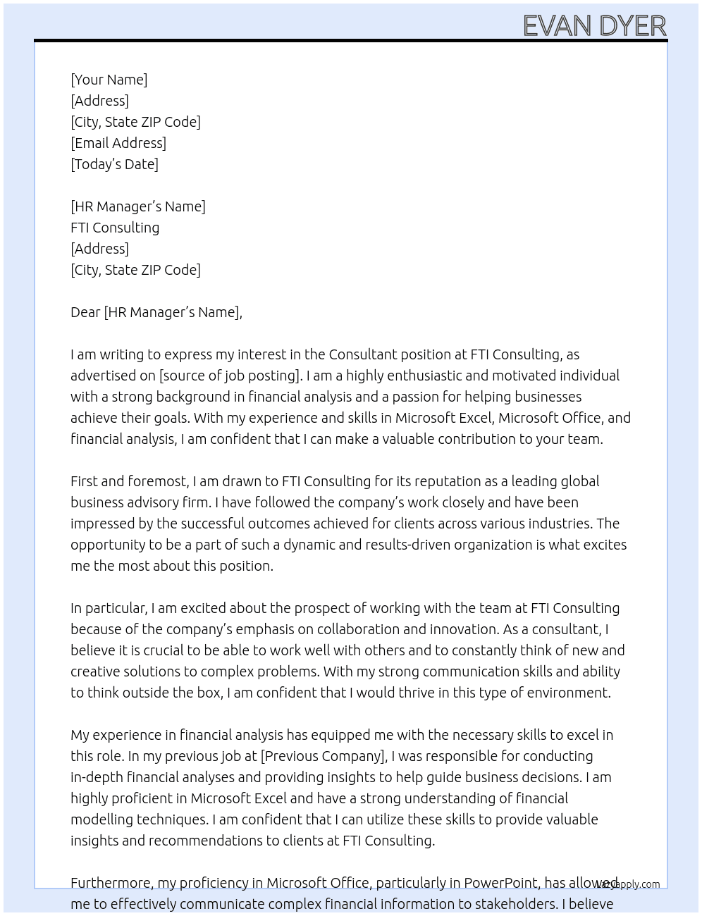 Consultant At FTI Consulting Cover Letter