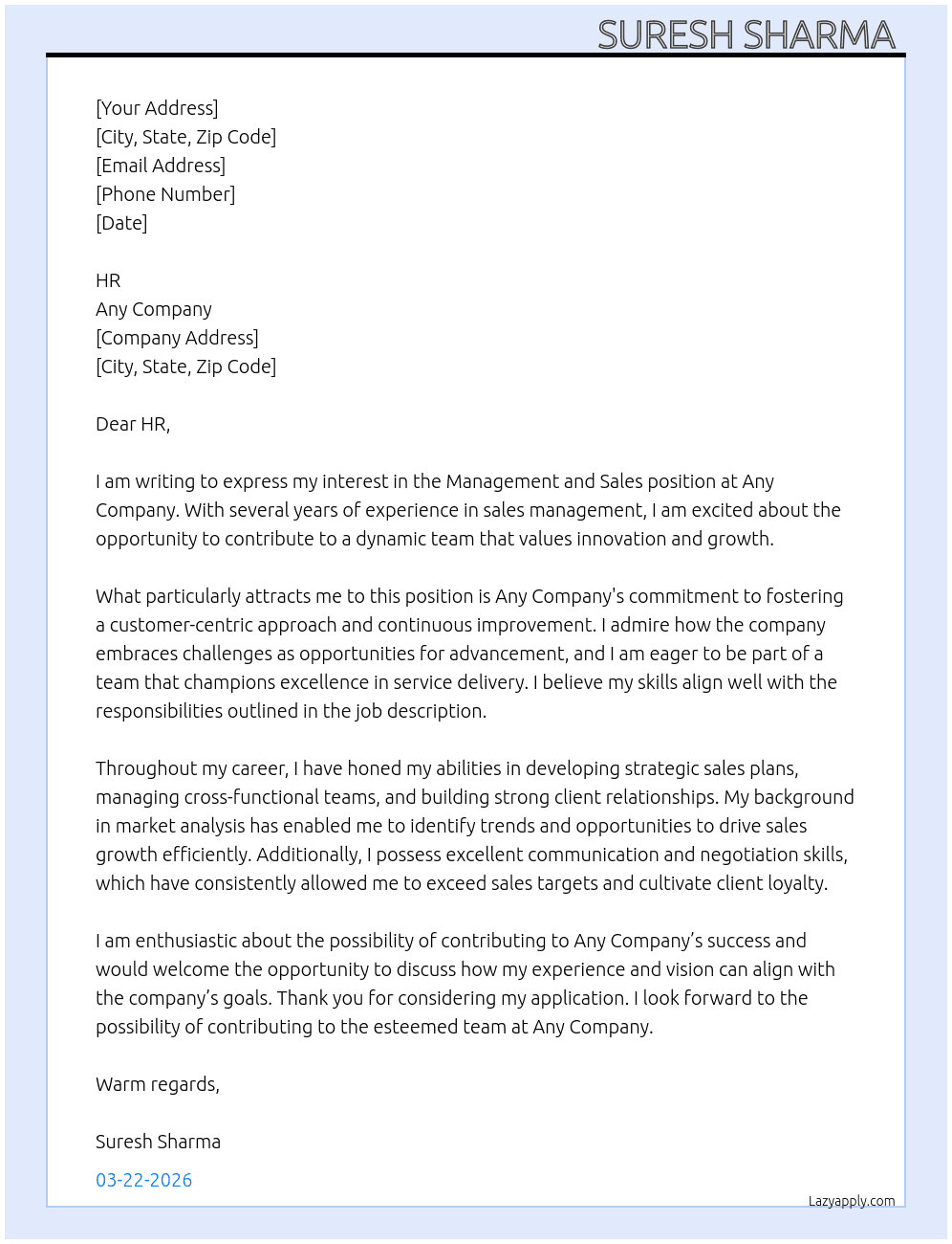 Management,sales At Any company  Cover Letter