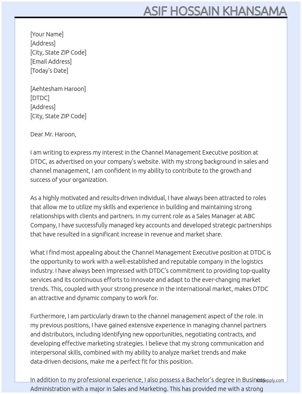 Channel Management Executive At DTDC Cover Letter