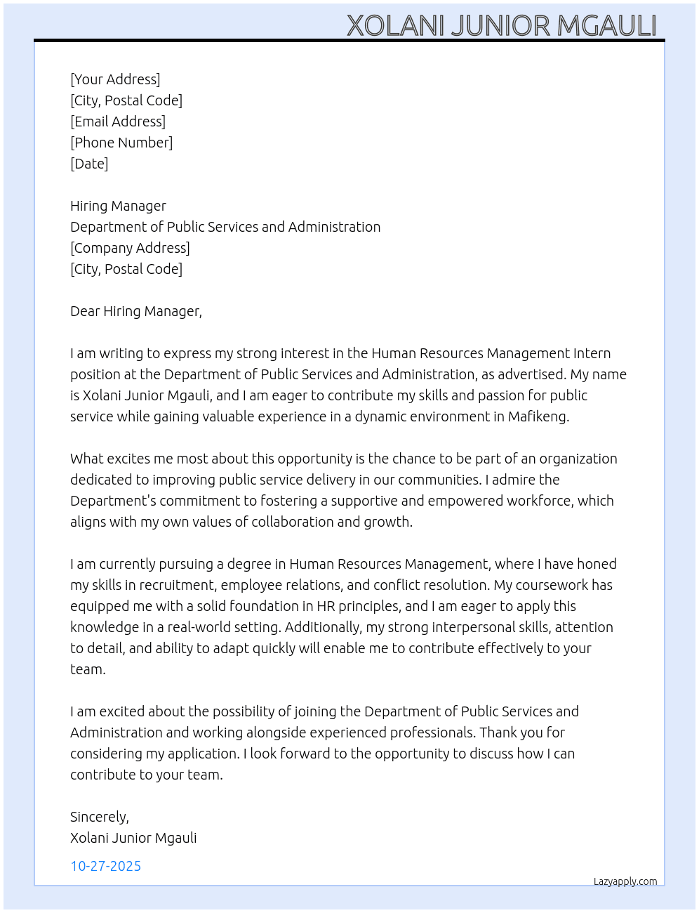 Human Resources Management Intern  At Department of Public Services and Administration  Cover Letter