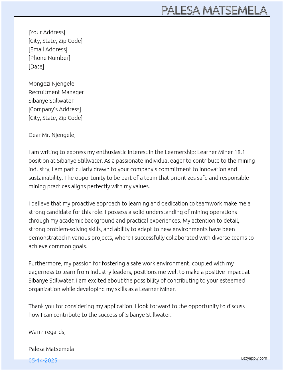 Cover letter for learnership: learner miner 18.1 - LazyApply