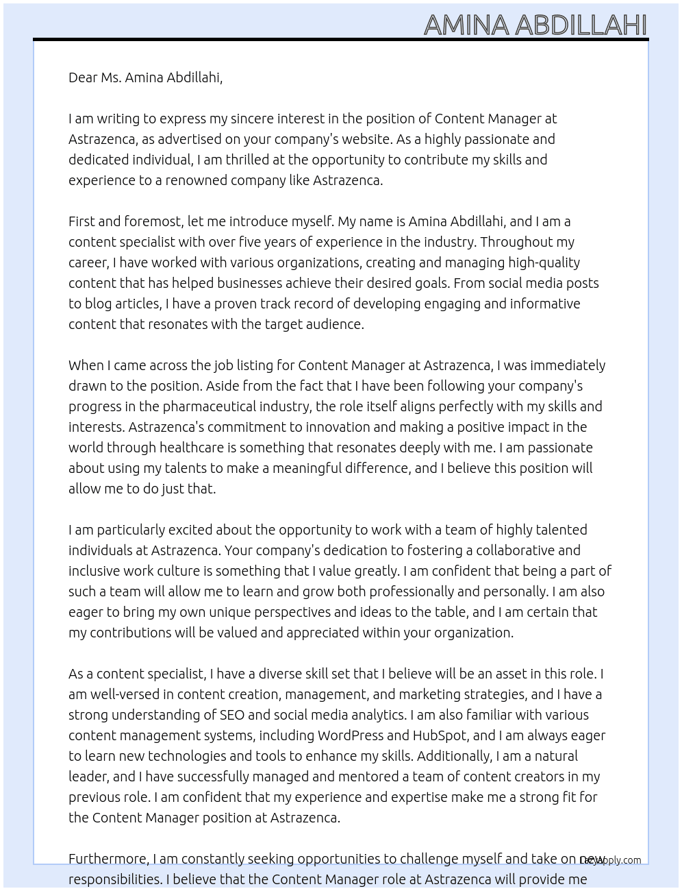 Content Manager At Astrazenca Cover Letter