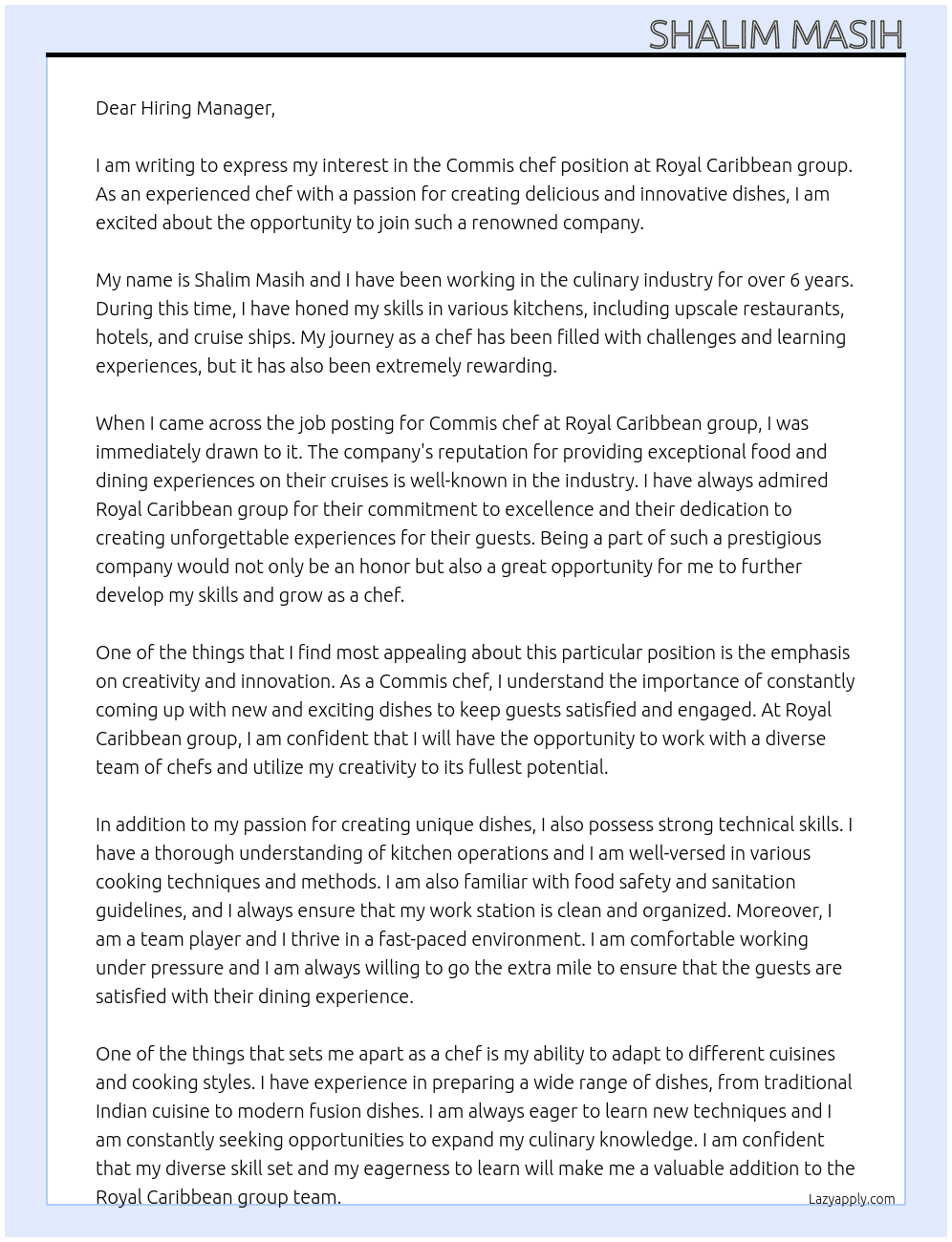 Commis chef At Royal Caribbean group Cover Letter