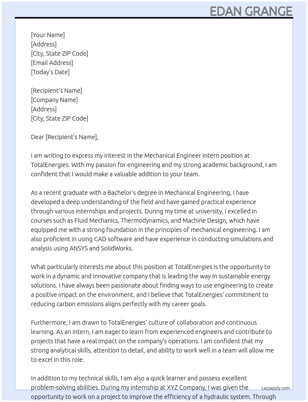 Mechanical Engineer Intern At TotalEnergies Cover Letter