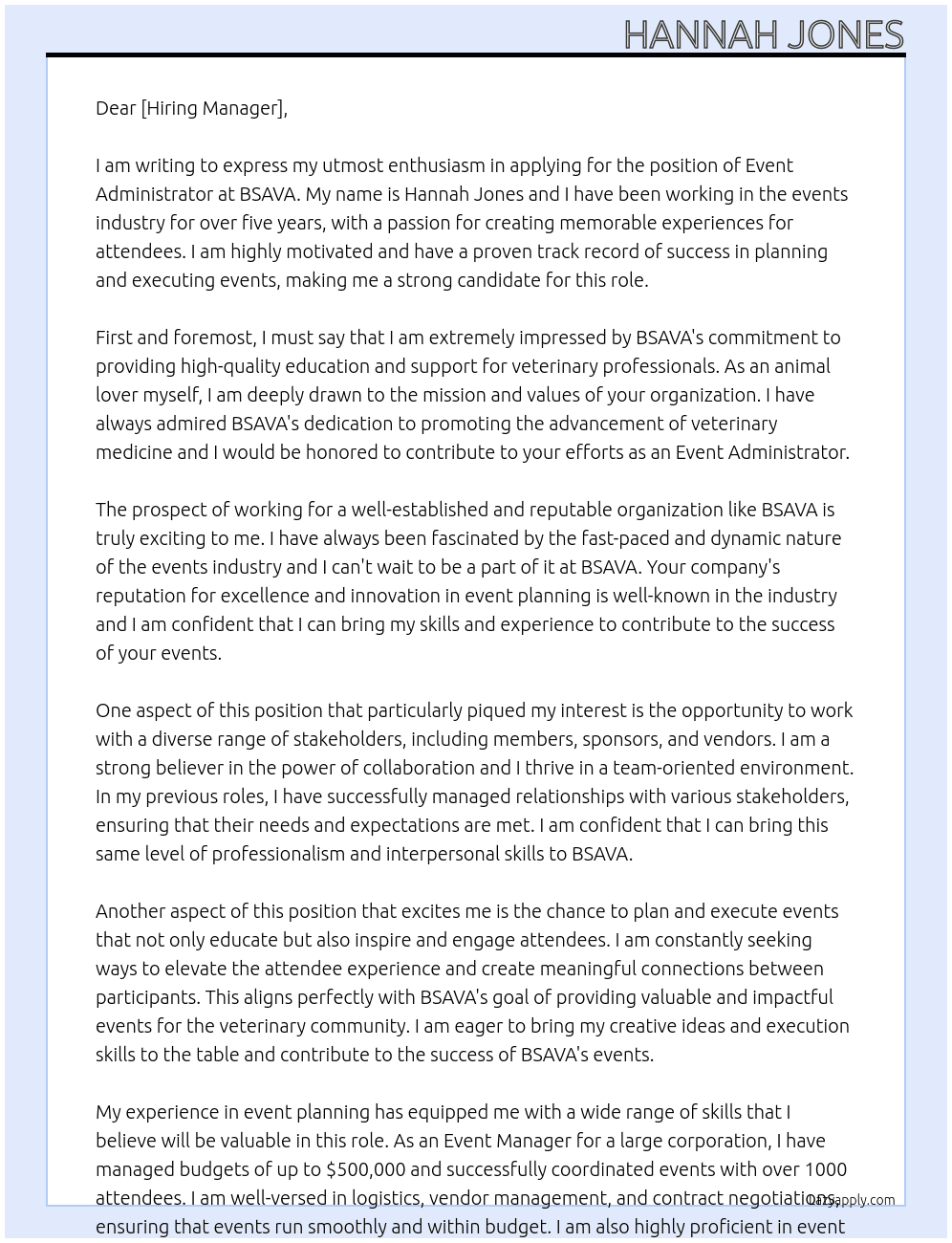 Event Administrator At BSAVA Cover Letter