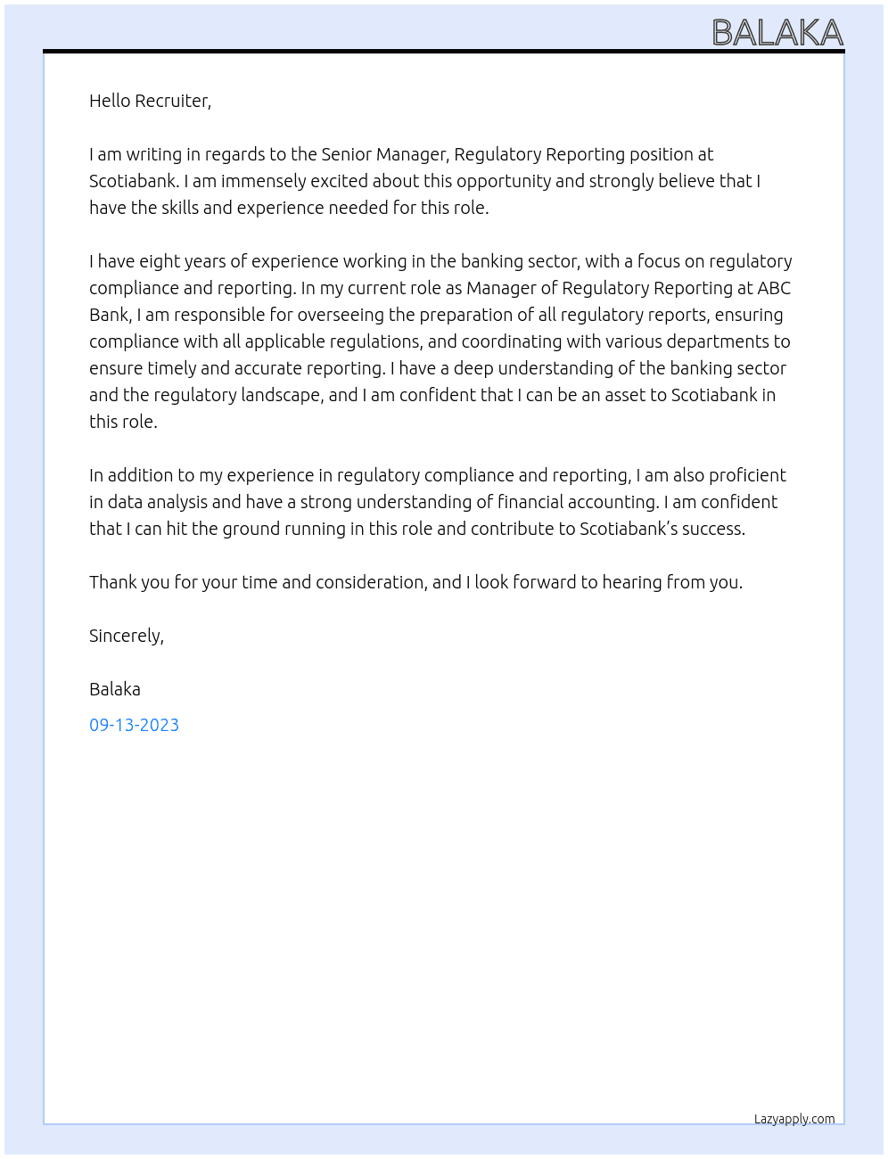 Senior Manager, Regulatory Reporting At Scotiabank Cover Letter