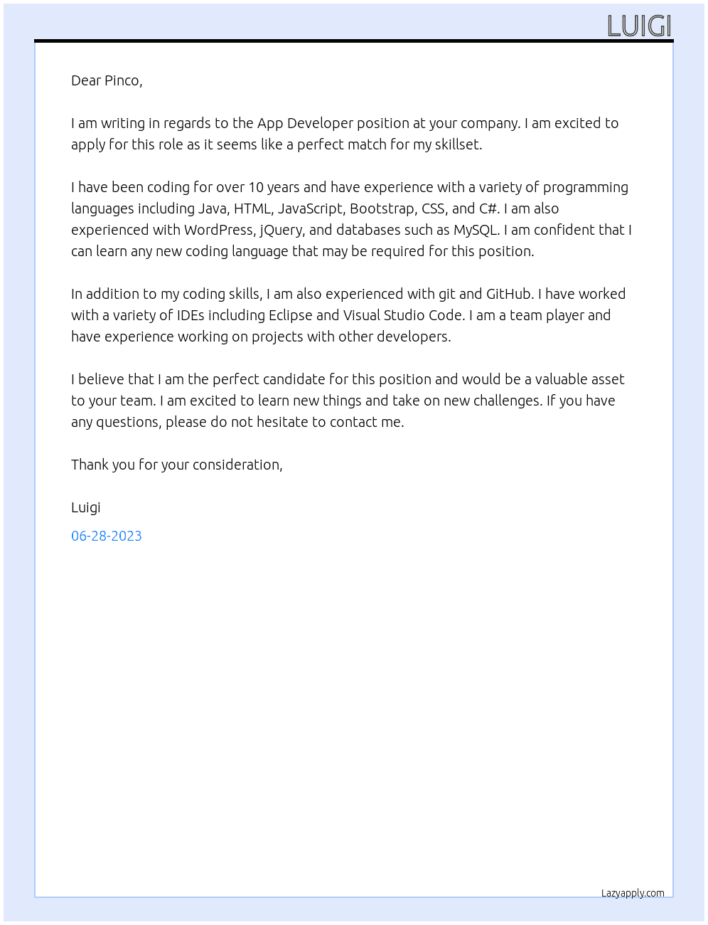 App Developer At app Cover Letter