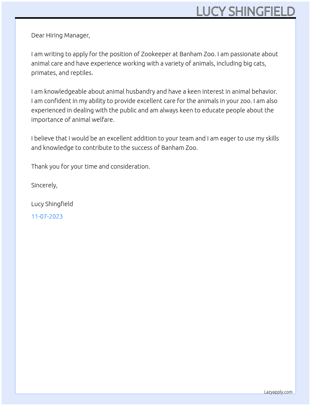 Zookeeper At banham zoo Cover Letter
