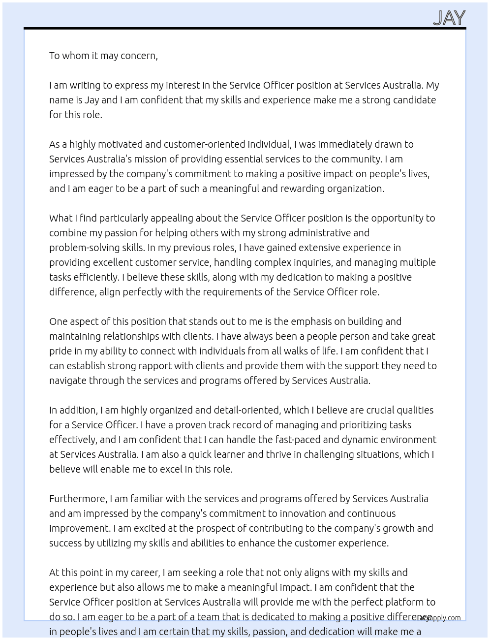 Service officer At Services Australia Cover Letter