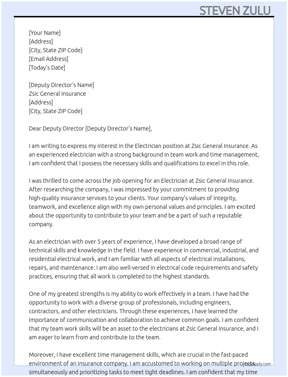 Electrician  At Zsic general insurance  Cover Letter