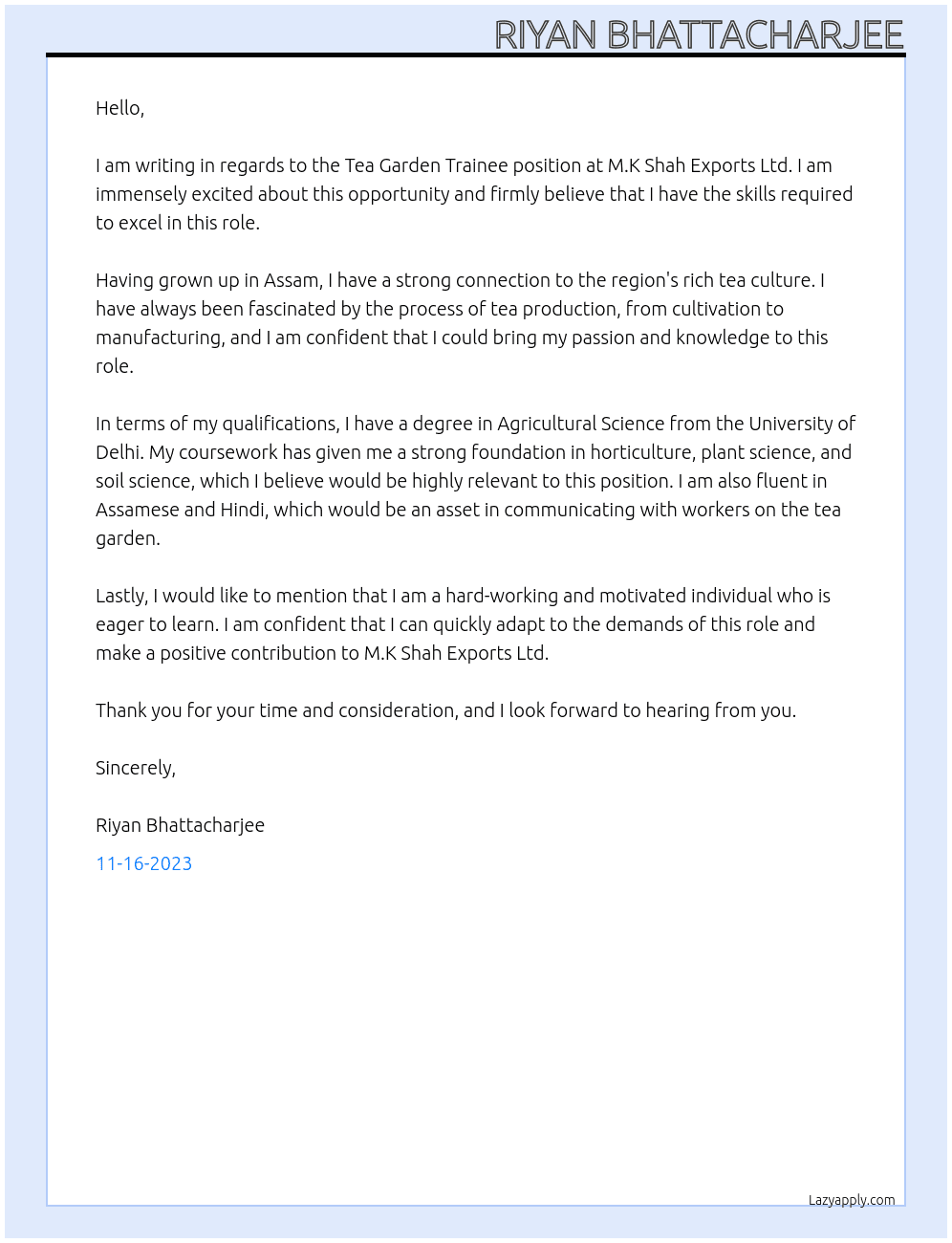 TEA GARDEN TRAINEE At M.K SHAH EXPORTS LTD Cover Letter