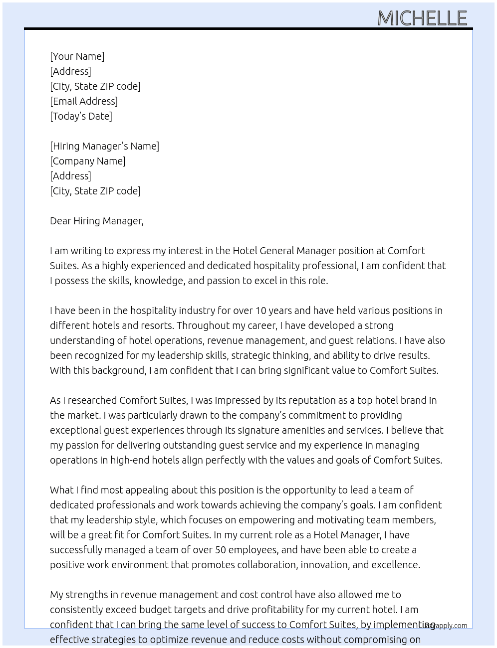 Hotel General Manager  At Comfort Suites Cover Letter