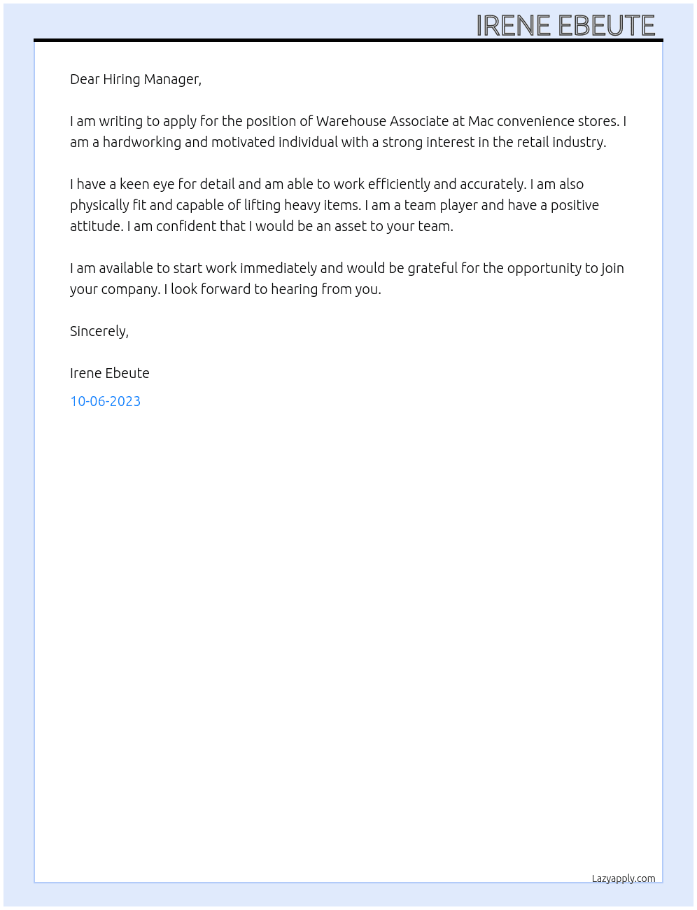 Warehouse Associate  At Mac convenience stores Cover Letter