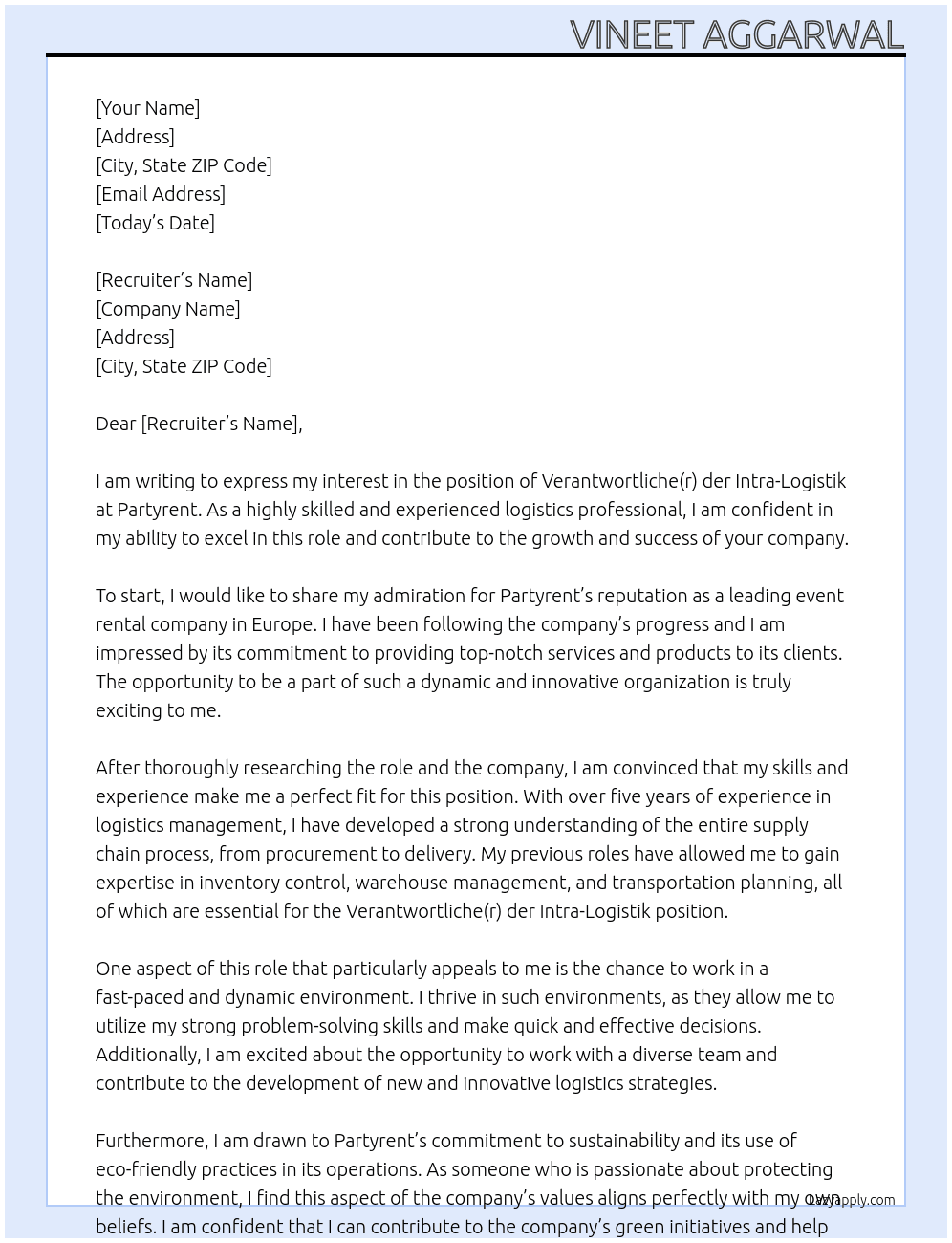 Verantwortliche(r) der Intra-Logistik At Partyrent Cover Letter