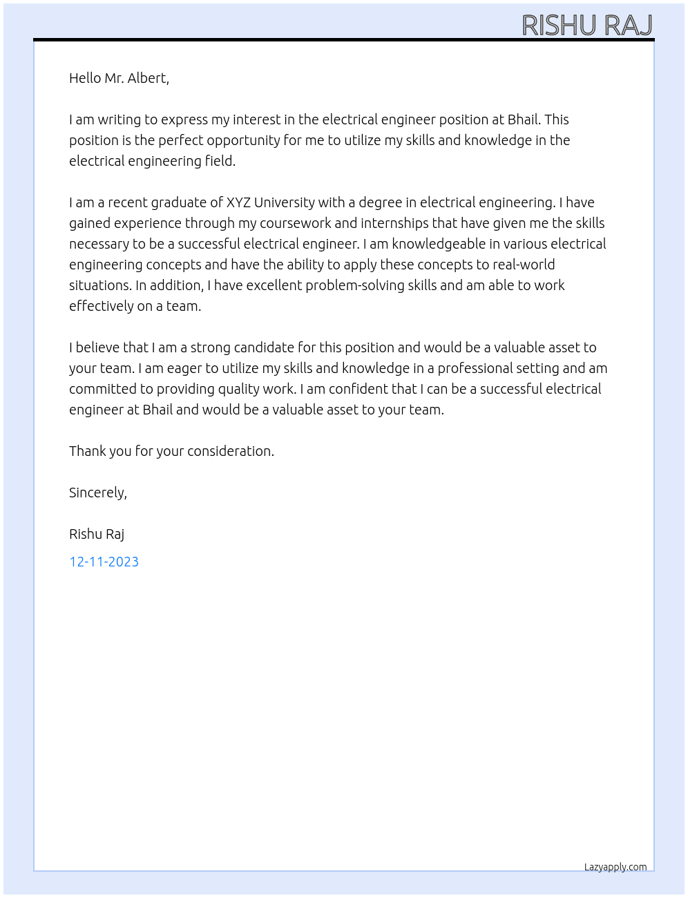Electrical Engineer At Bhail Cover Letter