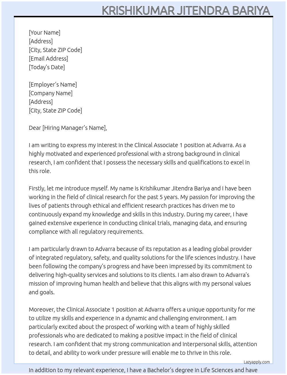 Clinical Associate 1 At Advarra Cover Letter
