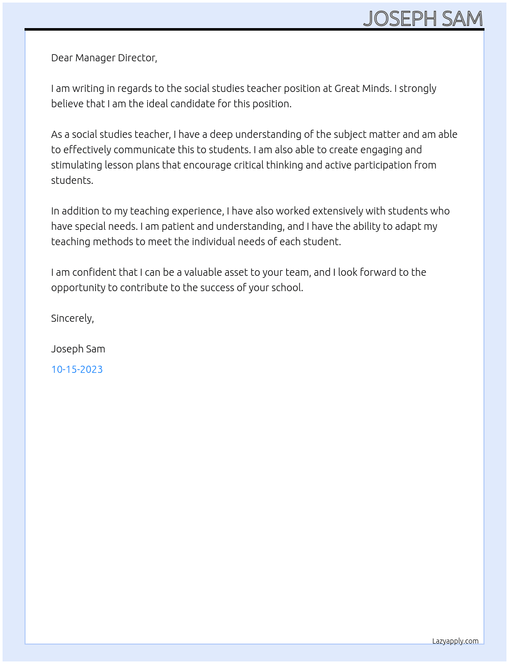 Social studies teacher At Great Minds Cover Letter
