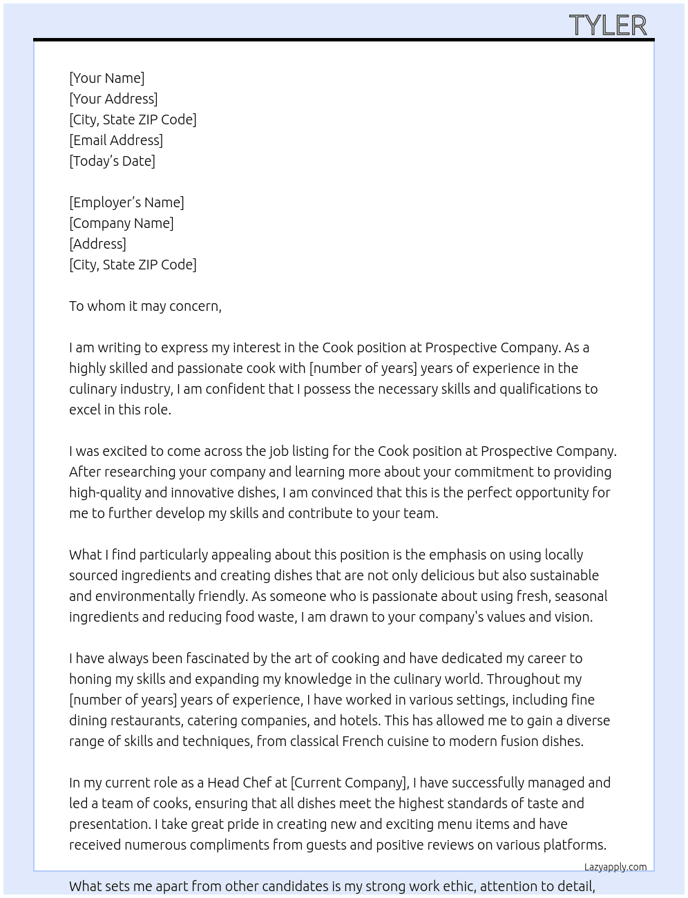 Cook At Prospective company. Cover Letter