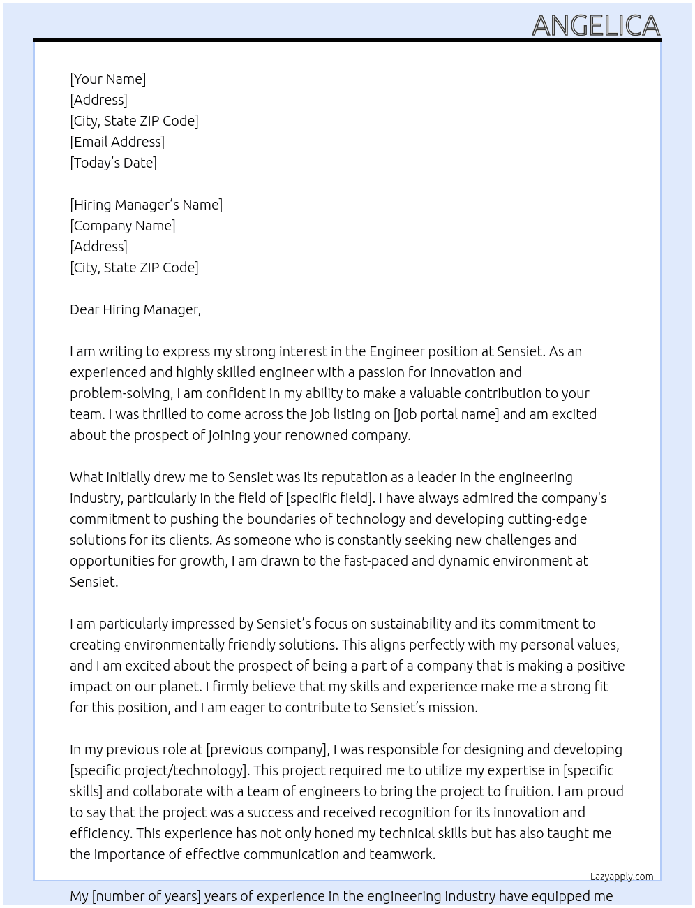 Engineer At Sensiet Cover Letter