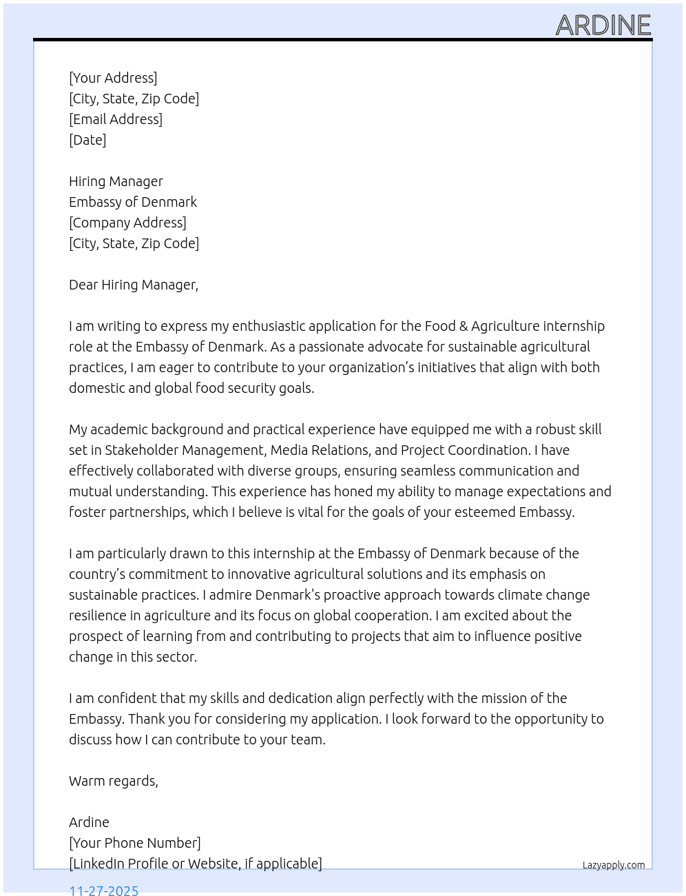 Food & Agriculture At Embassy of Denmark Cover Letter