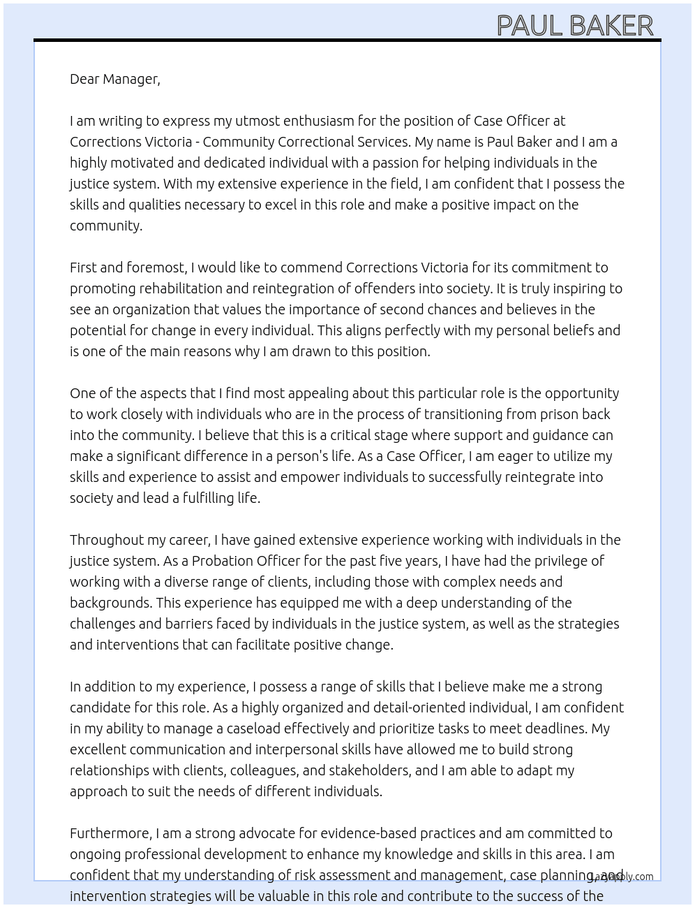 Case Officer At Corrections Victoria - Community Correctional Services Cover Letter