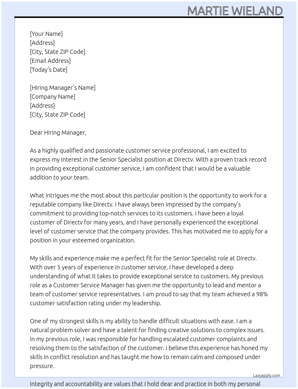 Senior specialist At Directv Cover Letter