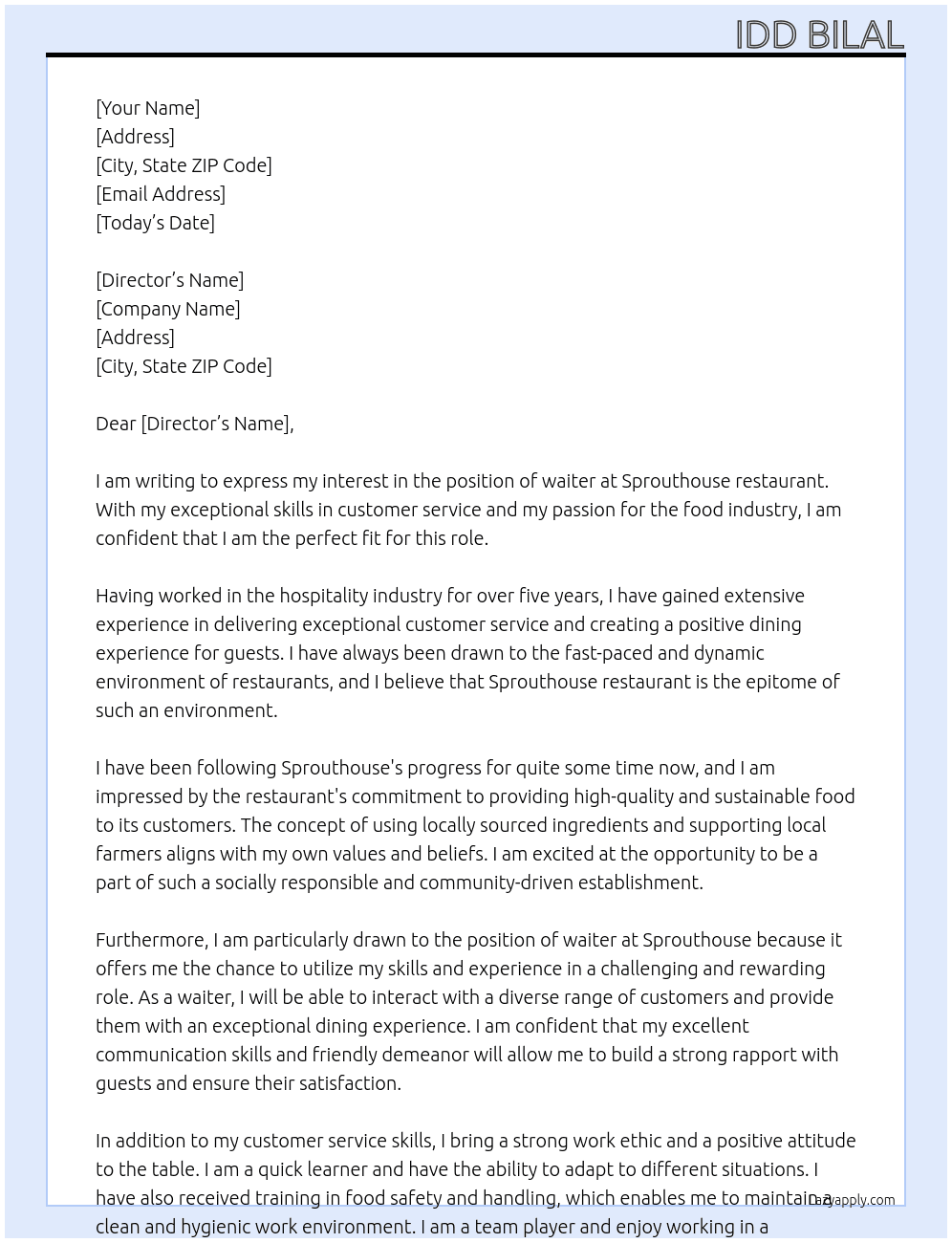 waiter At sprouthouse restaurant  Cover Letter