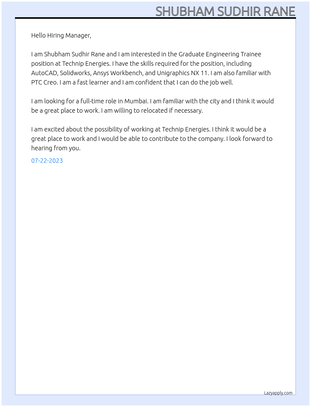 Graduate Engineering Trainee At Technip Energies  Cover Letter