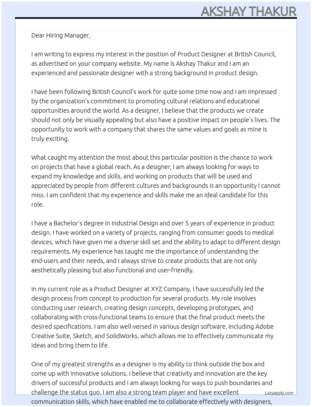 Product designer At British Council Cover Letter