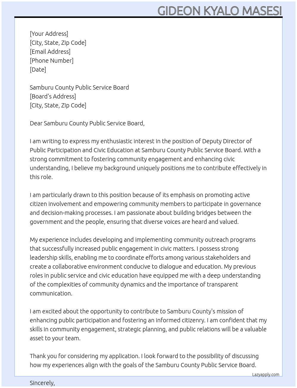 Deputy Director public participation and civic education At S Cover Letter