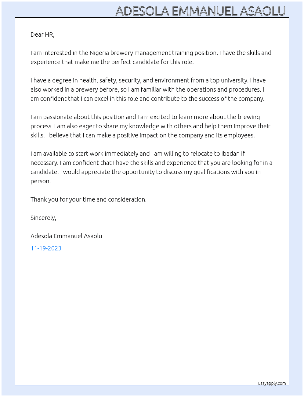 Nigeria brewery management training  At Nigeria brewery  Cover Letter