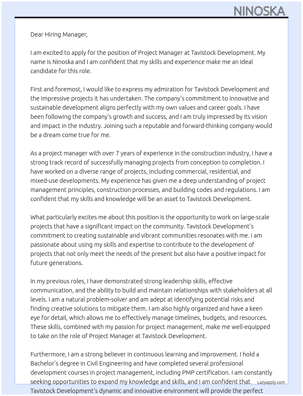 Project Manager At Tavistock Development Cover Letter