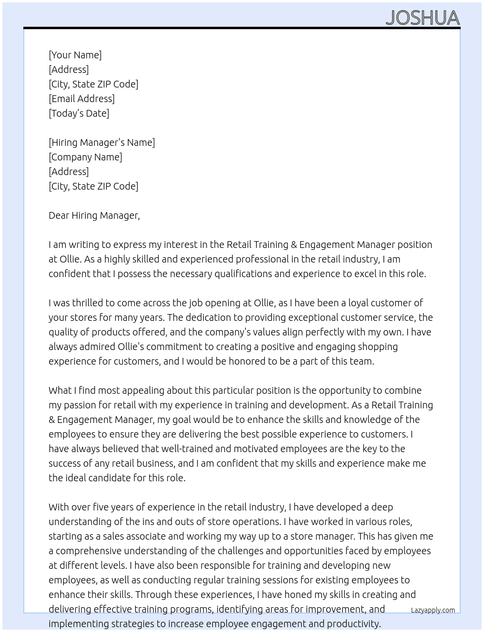 Retail Training & Engagement Manager At Ollie Cover Letter