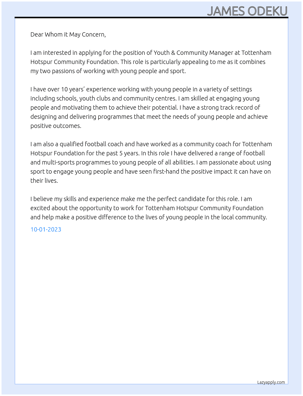 Youth & Community Manager At Tottenham Hotspur Community Foundation  Cover Letter