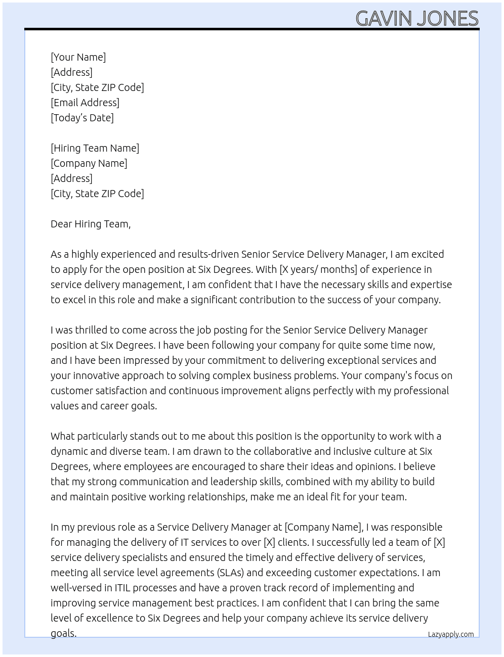 Senior Service Delivery Manager  At Six Degrees Cover Letter