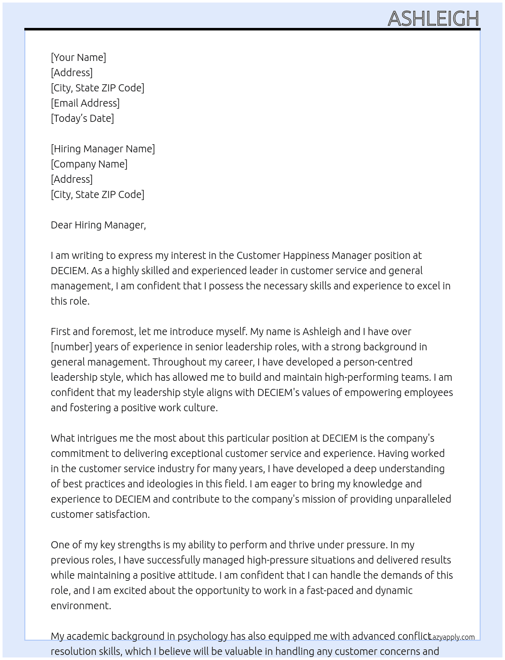 Customer Happiness Manager At DECIEM  Cover Letter