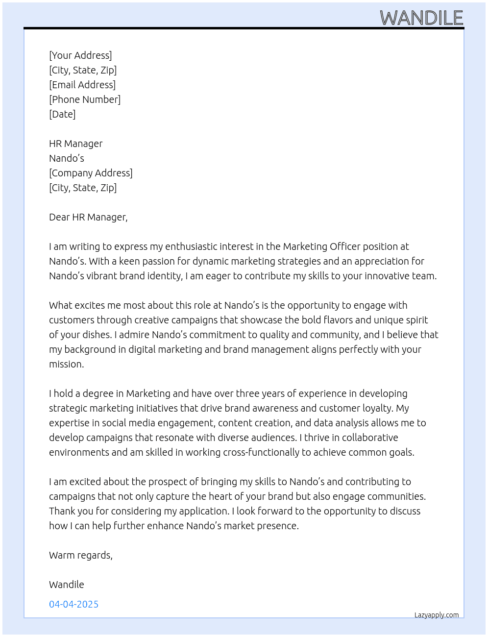 Marketing officer At Nandos Cover Letter