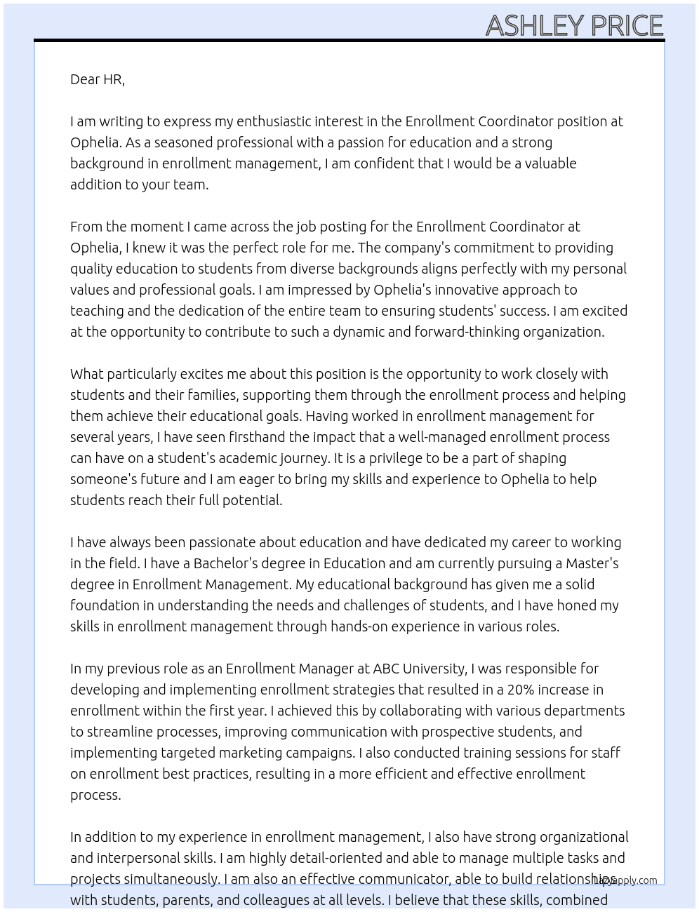 Enrollment Coordinator At Ophelia  Cover Letter