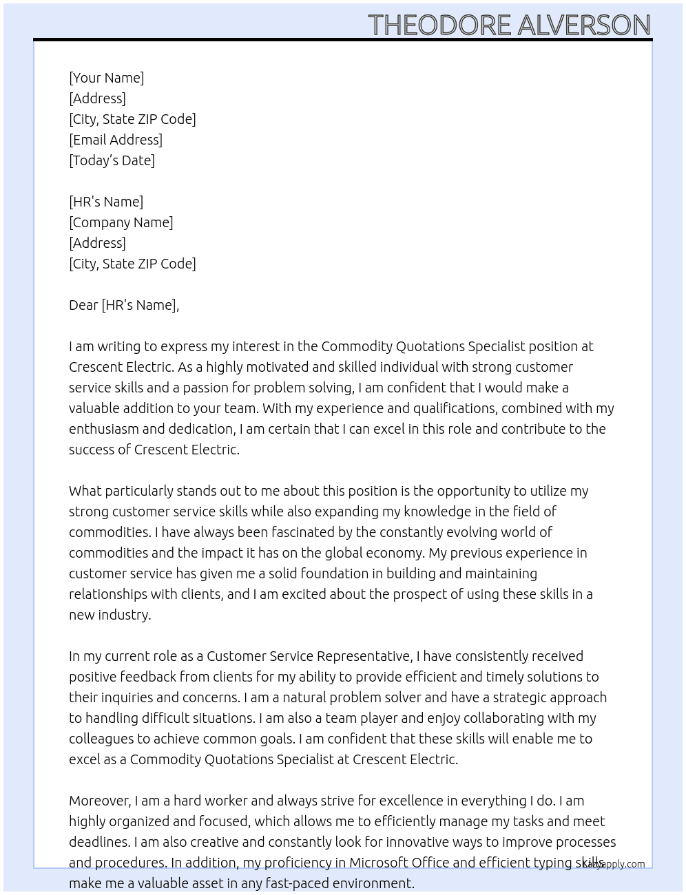 Commodity Quotations Specialist At Crescent Electric  Cover Letter