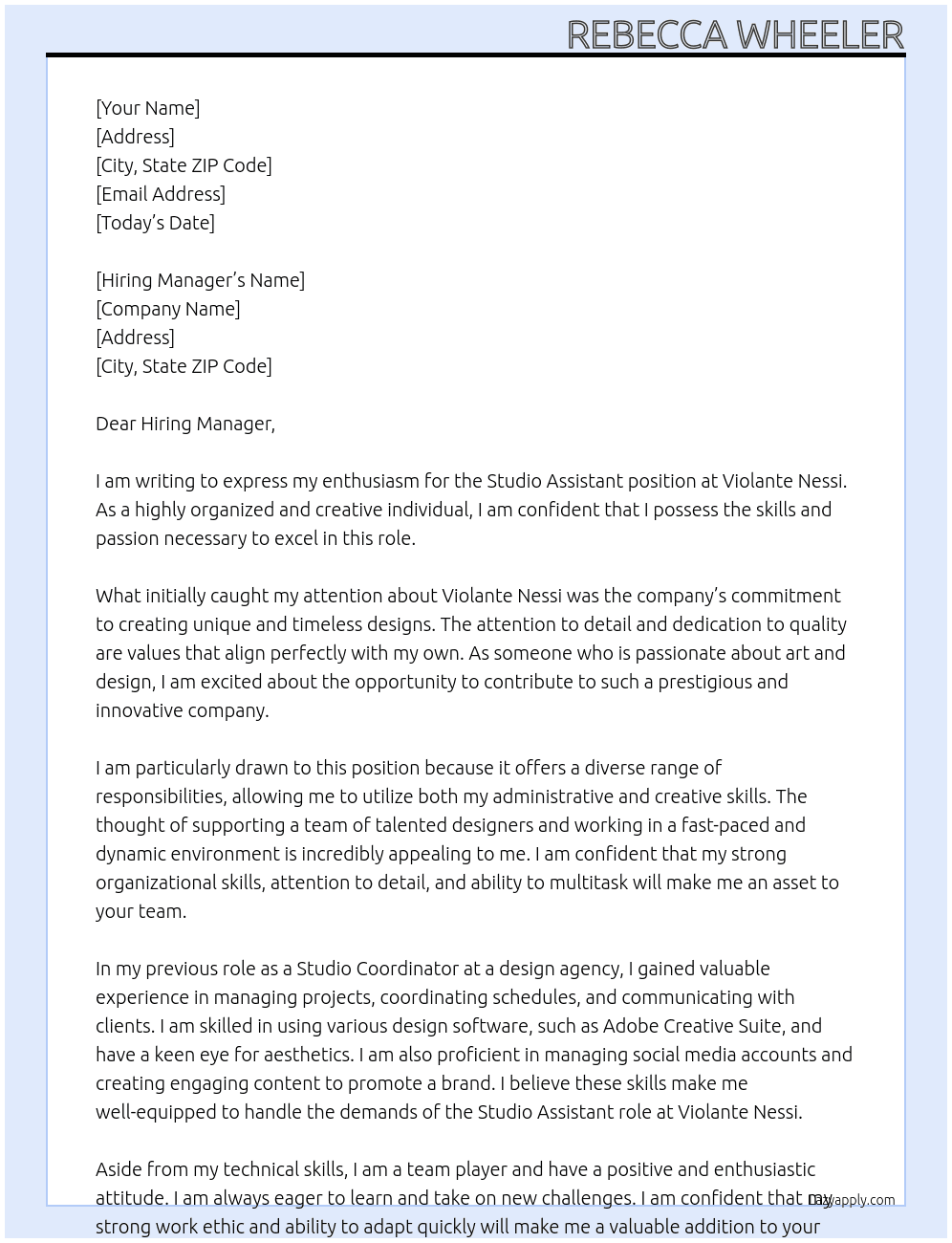 Studio Assistant At Violante Nessi Cover Letter