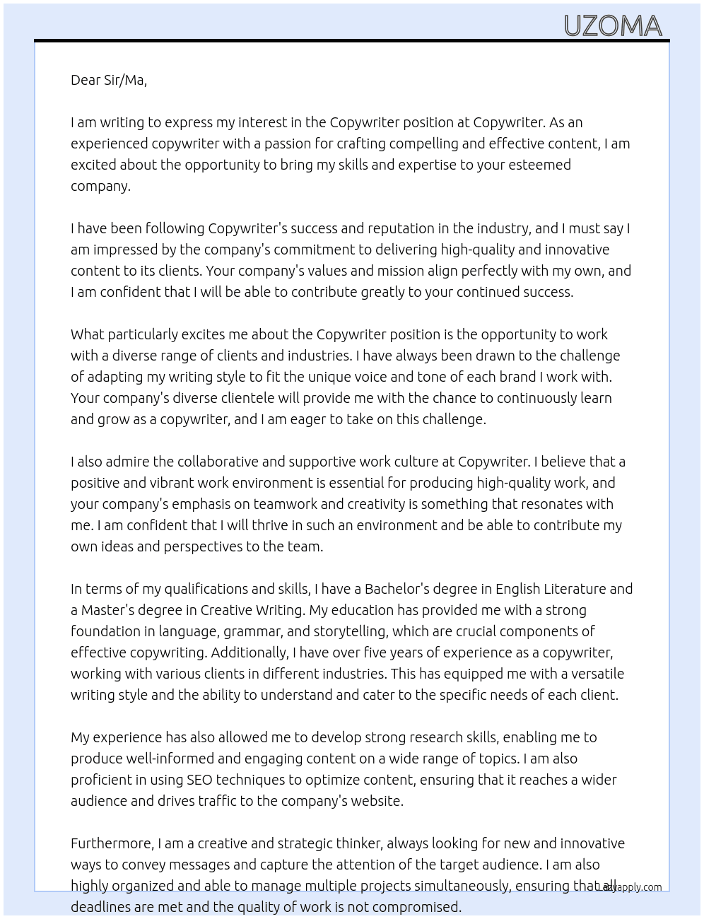 Copywriter  At Copywriter  Cover Letter