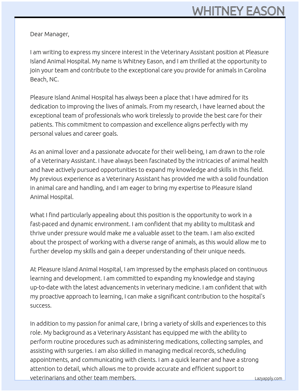Veterinary Assistant At Pleasure Island Animal Hospital Cover Letter