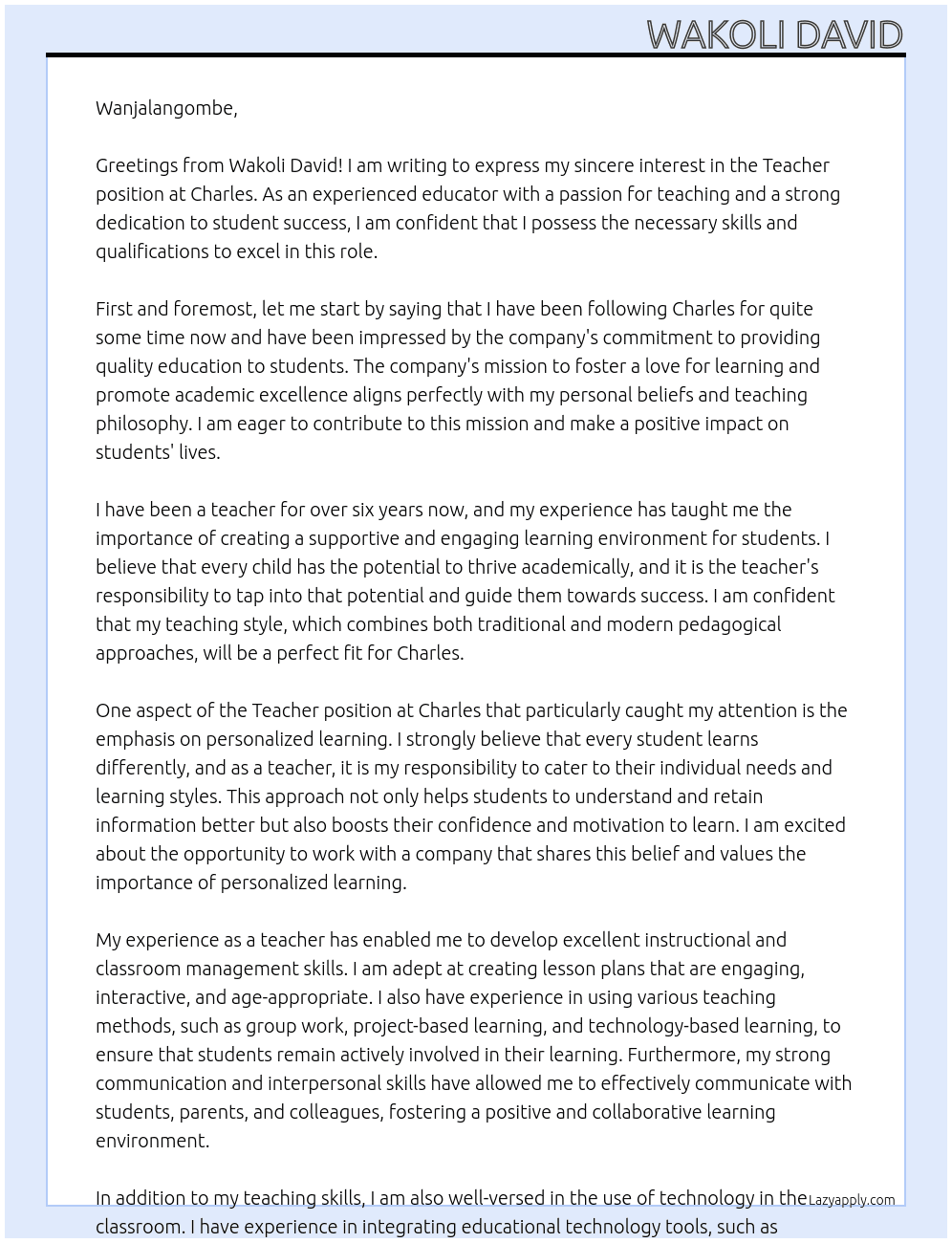 Teacher At Charles Cover Letter