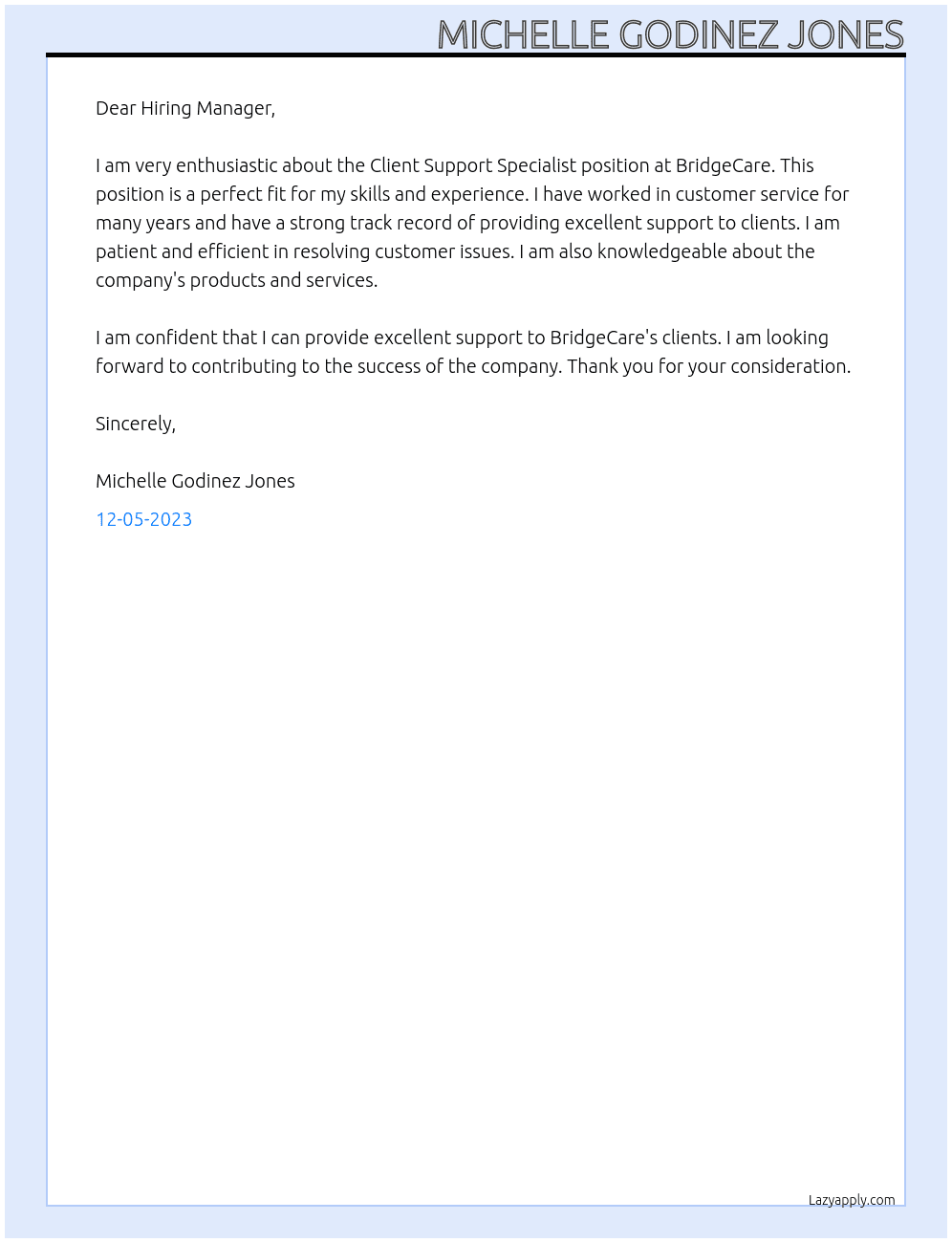 Client Support Specialist At BridgeCare Cover Letter
