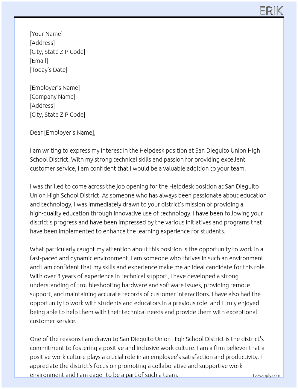 helpdesk At San Dieguito Union High School District Cover Letter