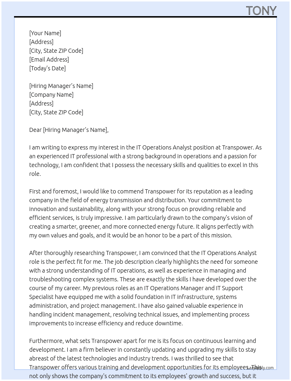 IT Operations Analyst At Transpower  Cover Letter