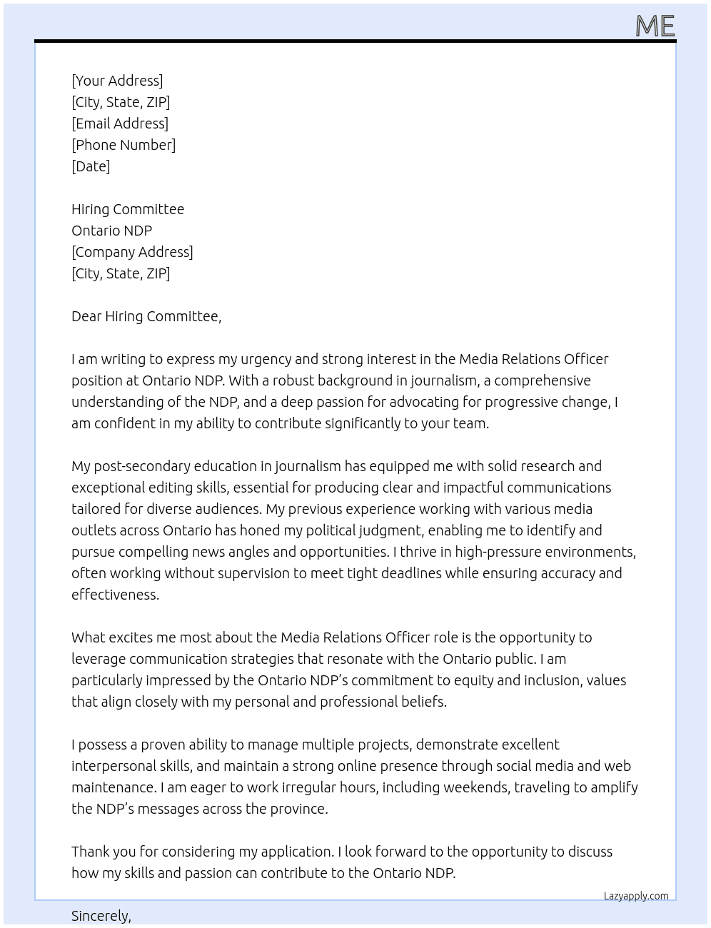Cover letter for media relations officer - LazyApply